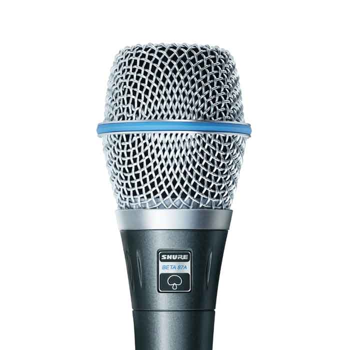 Micro cầm tay tụ điện Shure Beta 87A hình miêu tả chi tiết đầu lưới kim loại màu bạc, có viền xanh đặc trưng của dòng Beta 87.