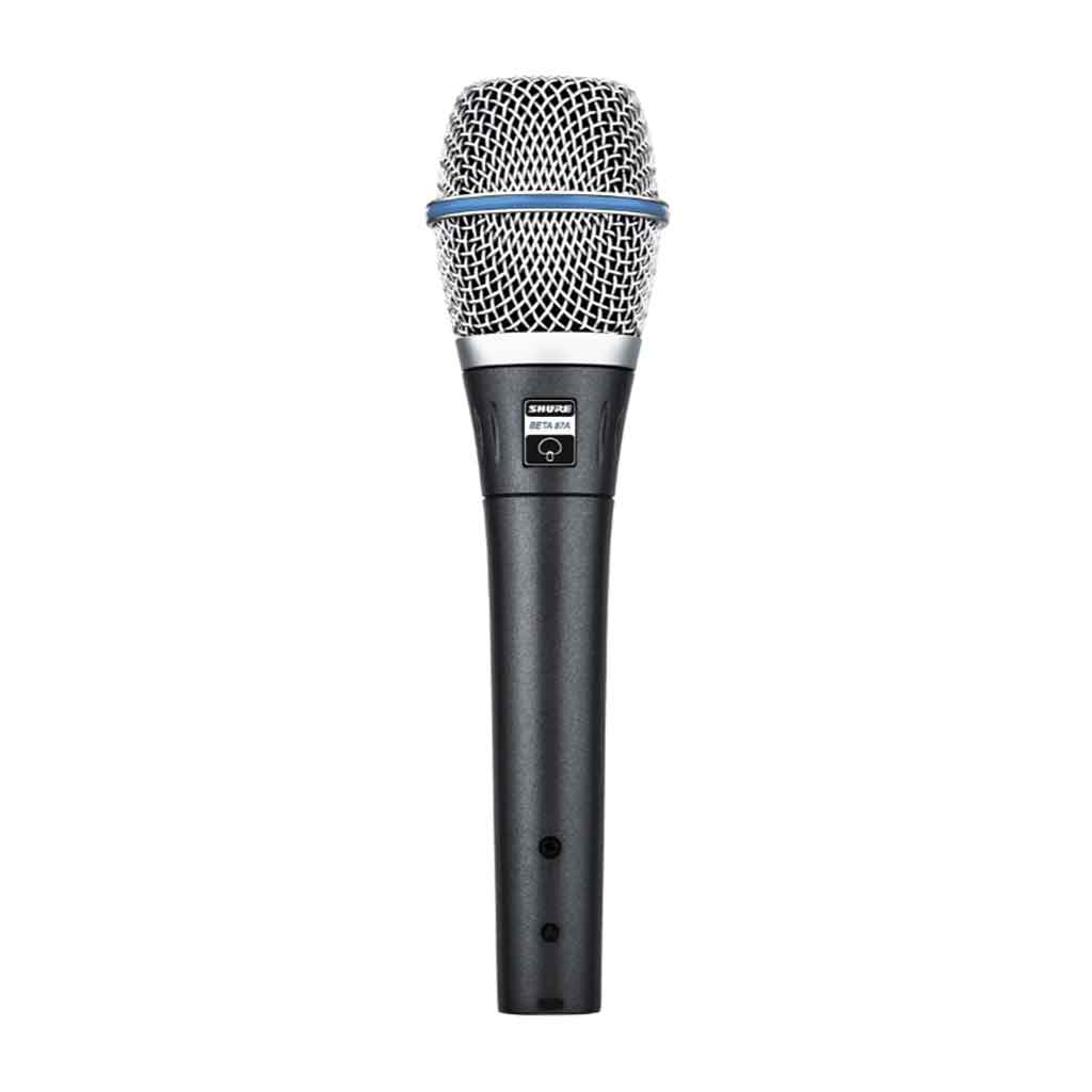 Micro cầm tay tụ điện Shure Beta 87A hình đang được miêu tả chi tiết kiểu dáng và thiết kế  Thân micro thon gọn, màu đen, dễ cầm nắm.