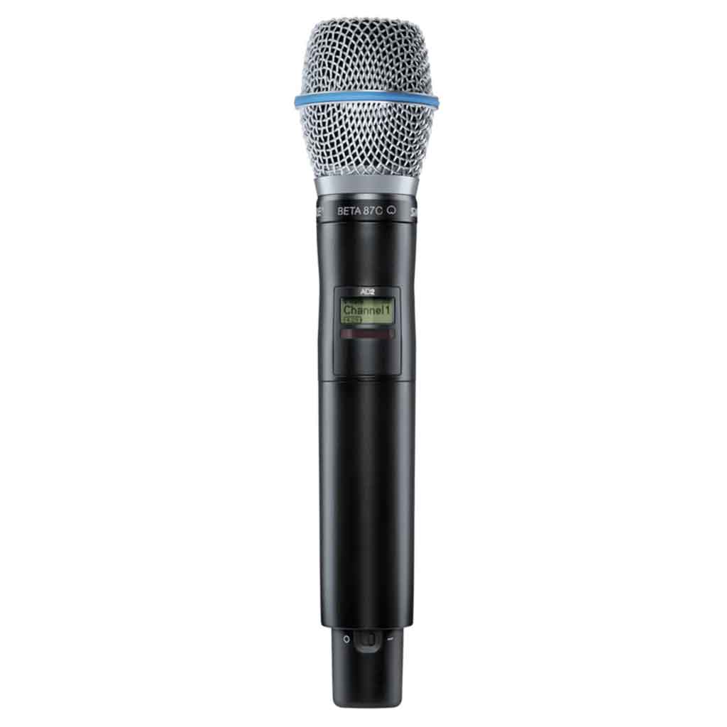 Micro không dây Shure ADX2/B87C hình đang được chụp miêu tả chi tiết micro không dây cầm tay Shure ADX2/BETA87C, thuộc hệ thống Axient Digital