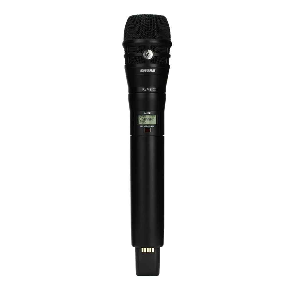 Micro không dây cầm tay Shure ADX2/K8 hình đang được miêu tả sản phẩm trong hình là Shure ADX2/KSM8 – Micro không dây cầm tay cao cấp tích hợp đầu KSM8, thuộc dòng Shure Axient Digital