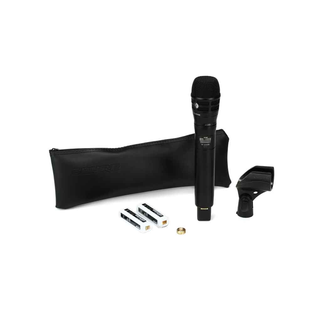 Micro không dây cầm tay Shure ADX2/K8 hình đang được miêu tả hình đang được chụp miêu tả chi tiết sản phẩm micro có đầy đủ phụ kiện kèm theo