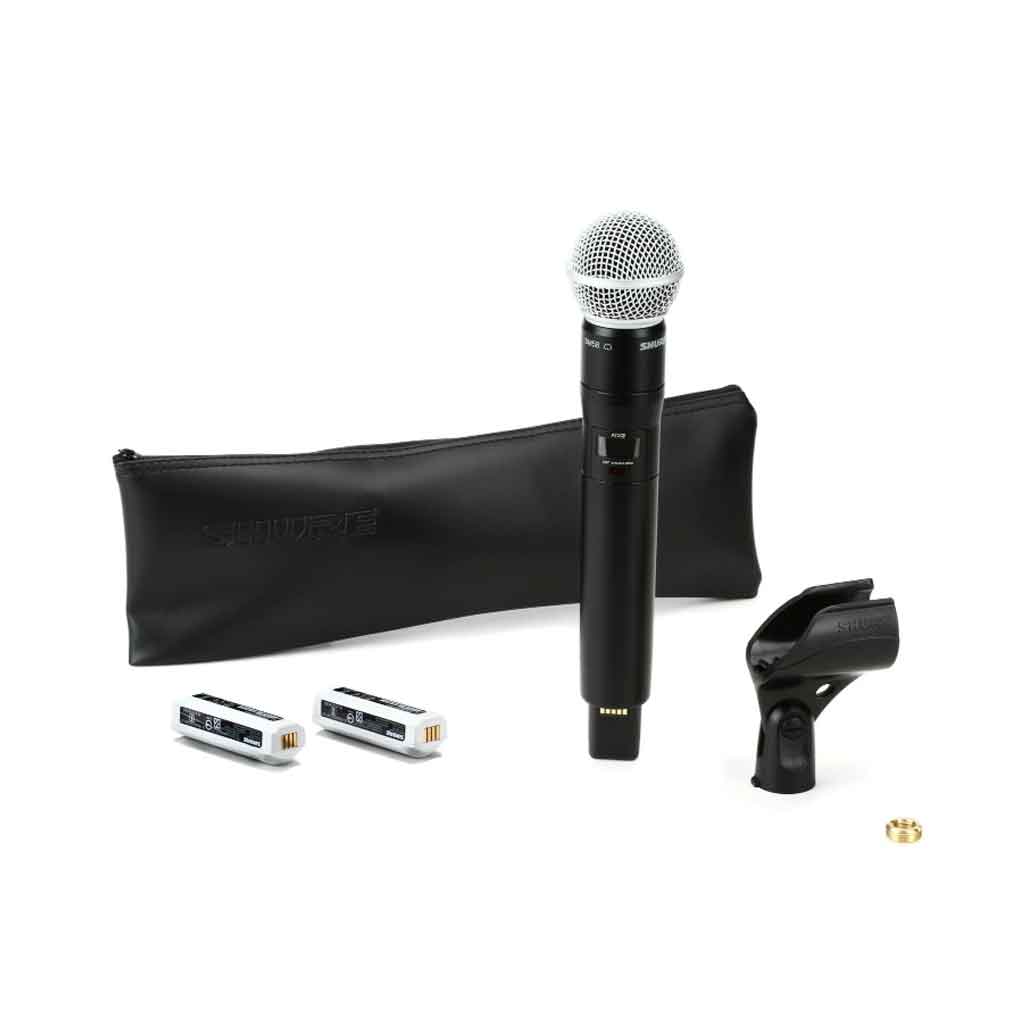 Micro không dây cầm tay Shure ADX2/SM58 hình đang được miêu tả hình đang được chụp miêu tả chi tiết sản phẩm micro có đầy đủ phụ kiện kèm theo