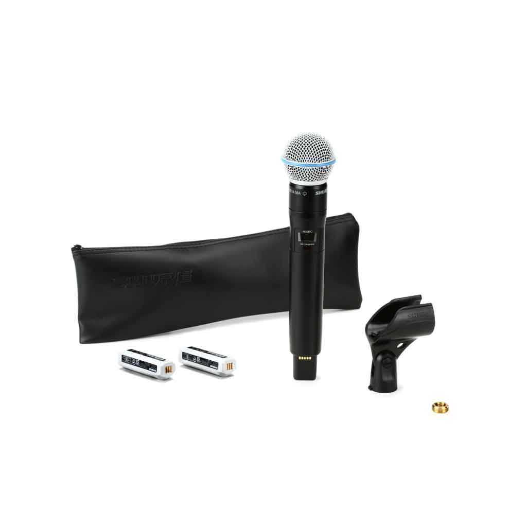 Micro không dây cầm tay Shure ADX2FD/B58 hình đang được miêu tả hình đang được chụp miêu tả chi tiết sản phẩm micro có đầy đủ phụ kiện kèm theo