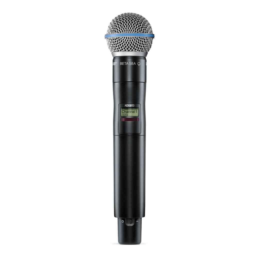 Micro không dây cầm tay Shure ADX2FD/B58 hình đang được miêu tả shure ADX2FD/B58A – một micro không dây cầm tay cao cấp thuộc dòng Shure Axient Digital, được trang bị đầu micro Beta 58A huyền thoại