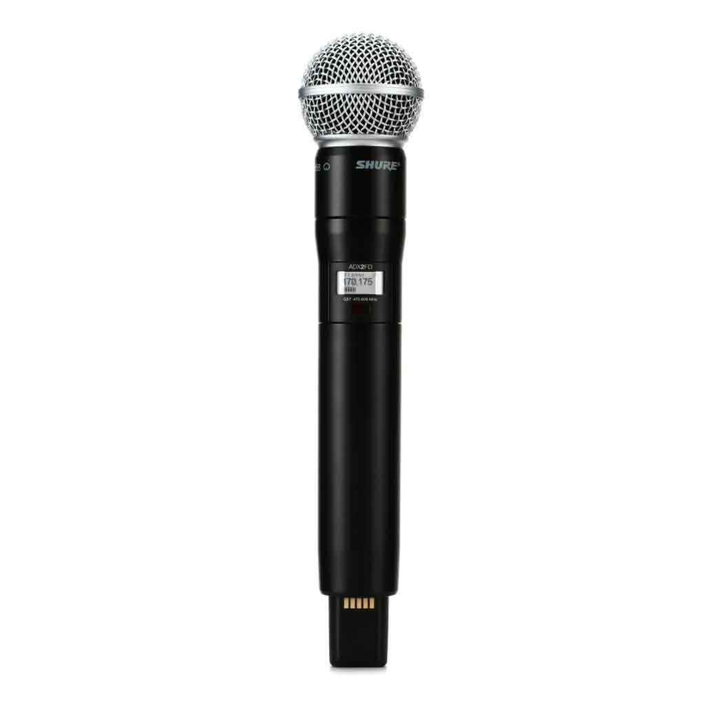 Micro không dây cầm tay Shure ADX2FD/SM58 hình đang được miêu tả hình là micro không dây Shure ADX2FD/SM58 – một thiết bị phát sóng cầm tay (handheld transmitter) thuộc dòng Axient Digital cao cấp của Shure, đi kèm với đầu micro huyền thoại SM58