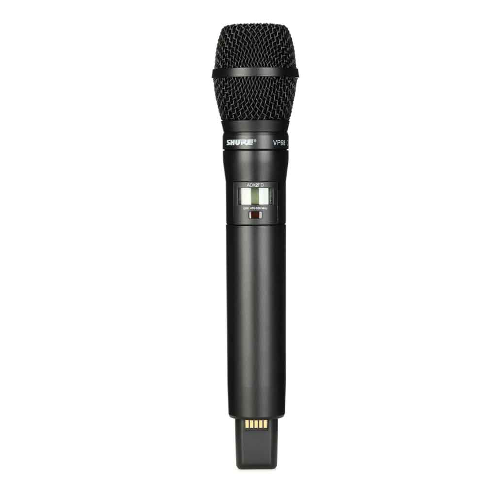 Micro không dây cầm tay Shure ADX2FD/VP68 hình đang được miêu tả chi tiết shure ADX2FD/VP68 Wireless Handheld Microphone Transmitter – dòng micro không dây cao cấp thuộc hệ thống Axient Digital danh tiếng của Shure