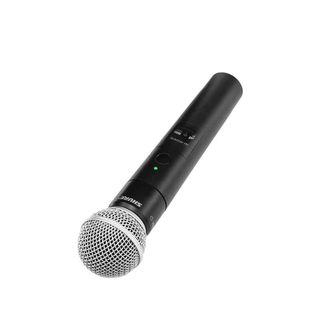 Micro không dây cầm tay Shure MXW2X hình được miêu tả phần đầu micro có lưới kim loại hình cầu màu bạc, bảo vệ