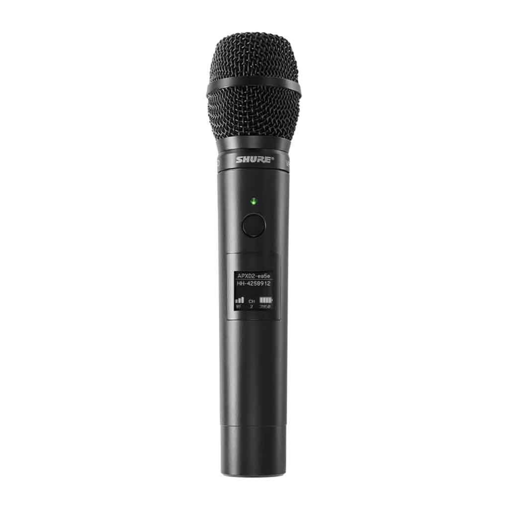 Micro không dây cầm tay Shure MXW2X hình đang được chụp miêu tả chi tiết sản phẩm trong khoảng không nền trắng 