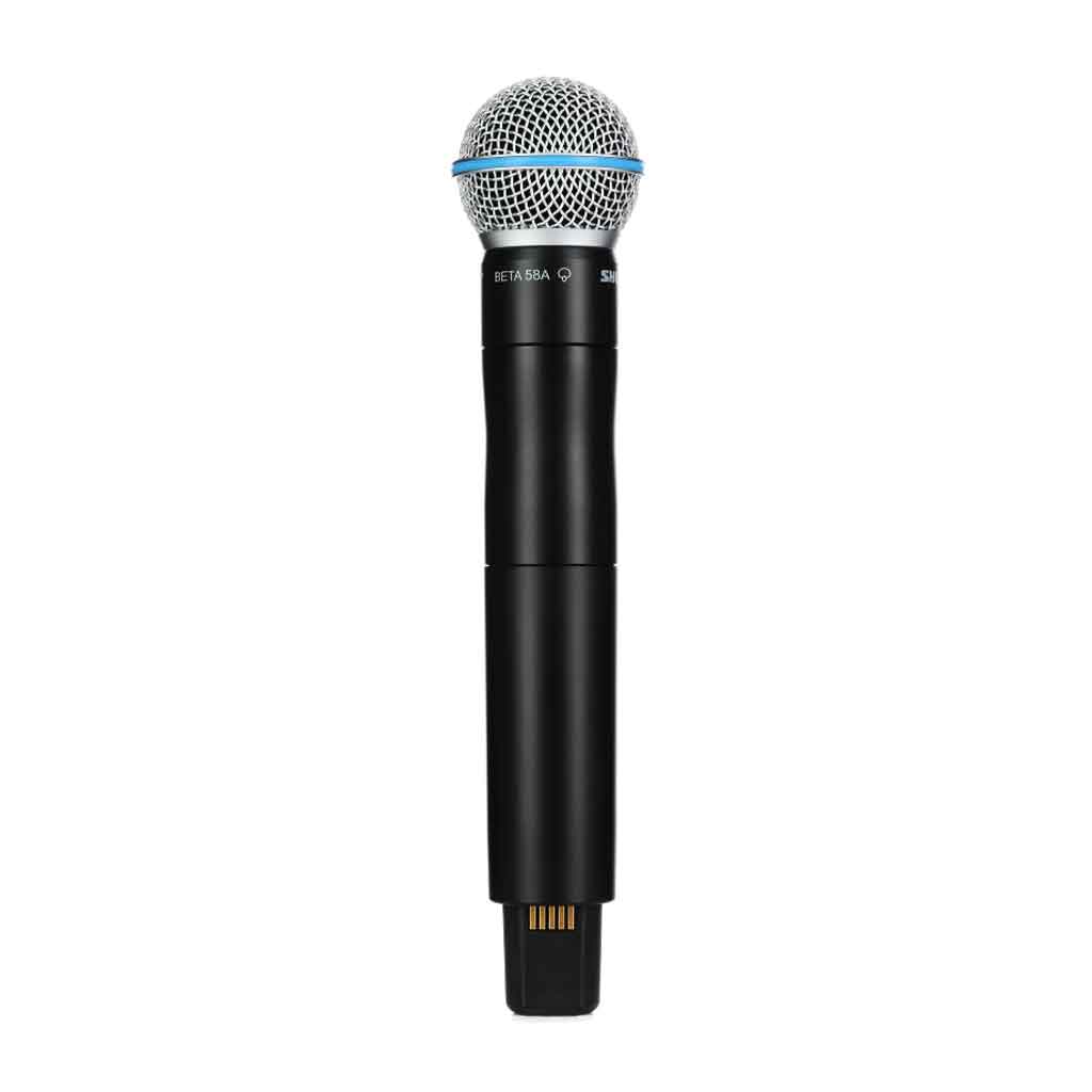 Micro không dây cầm tay Shure ULXD2/B58 thiết kế thân micro bằng kim loại chắc chắn, màu đen sang trọng, và vành màu xanh đặc trưng của Beta 58A