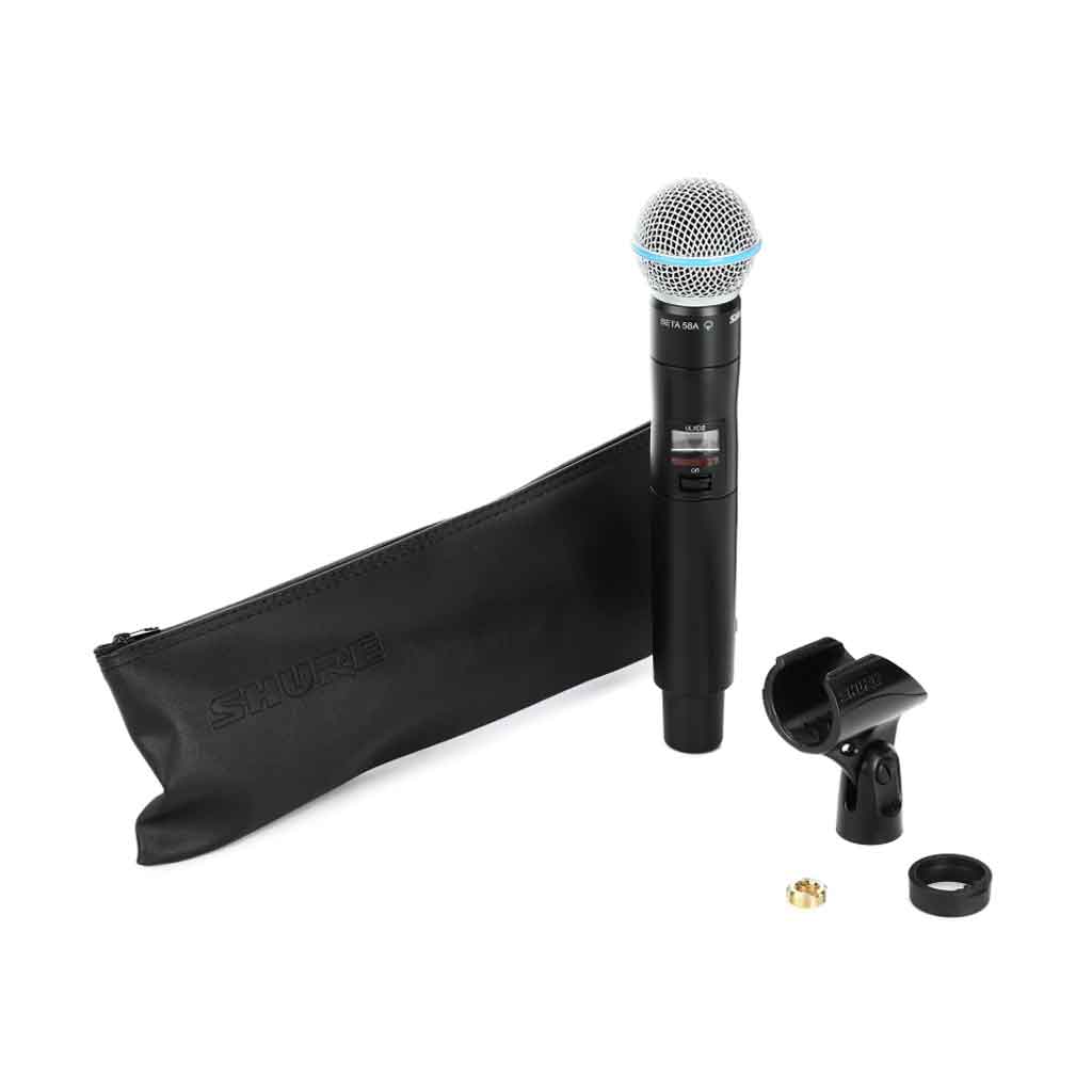 Micro không dây cầm tay Shure ULXD2/B58 hình đang được miêu tả hình đang được chụp miêu tả chi tiết sản phẩm micro có đầy đủ phụ kiện kèm theo