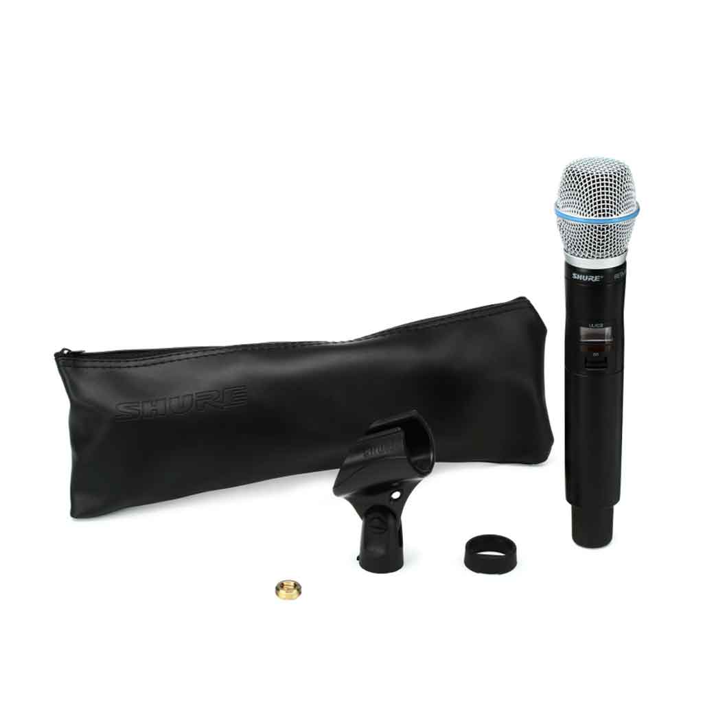 Micro không dây cầm tay Shure ULXD2/B87A hình đang được chụp miêu tả chi tiết sản phẩm micro có đầy đủ phụ kiện kèm theo