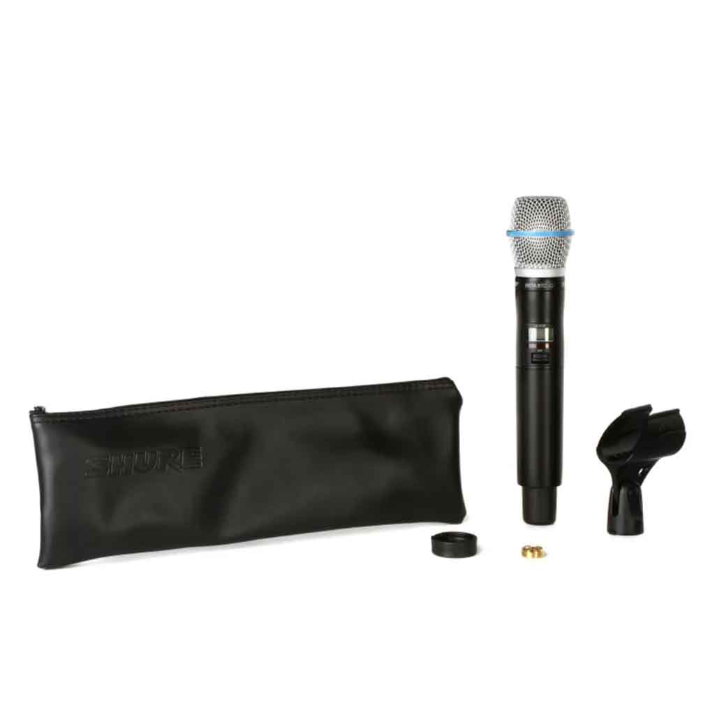 Micro không dây cầm Shure ULXD2/B87C hình đang được chụp miêu tả chi tiết sản phẩm micro có đầy đủ phụ kiện kèm theo