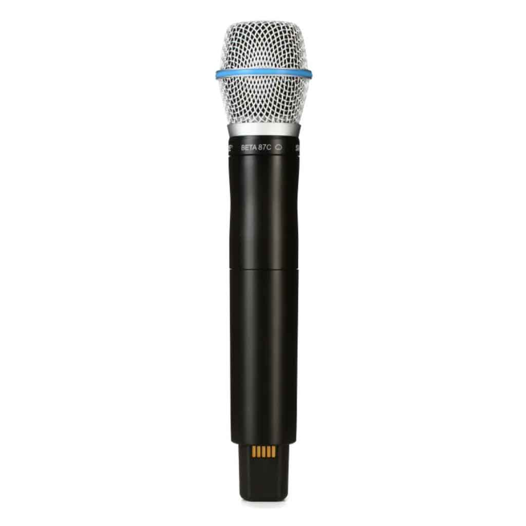 Micro không dây cầm Shure ULXD2/B87C hình đang được miêu tả chi tiết thân micro làm bằng kim loại phủ đen nhám, cứng cáp và bền bỉ, phù hợp với môi trường sân khấu chuyên nghiệp