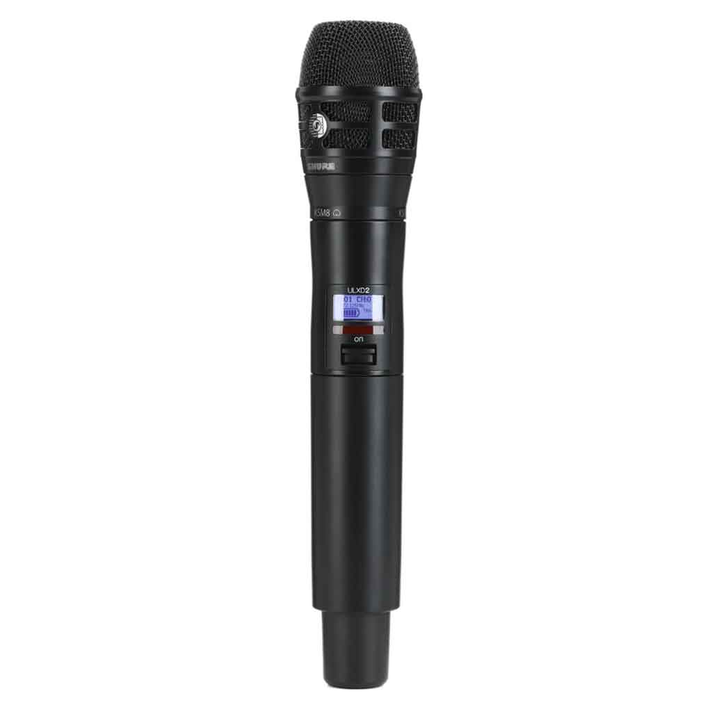 Micro không dây cầm tay Shure ULXD2/K8B hình đang được miêu tả thân micro: ➤ Model: Shure ULXD2 – Bộ truyền tín hiệu không dây cầm tay thuộc dòng ULX-D Digital Wireless cao cấp