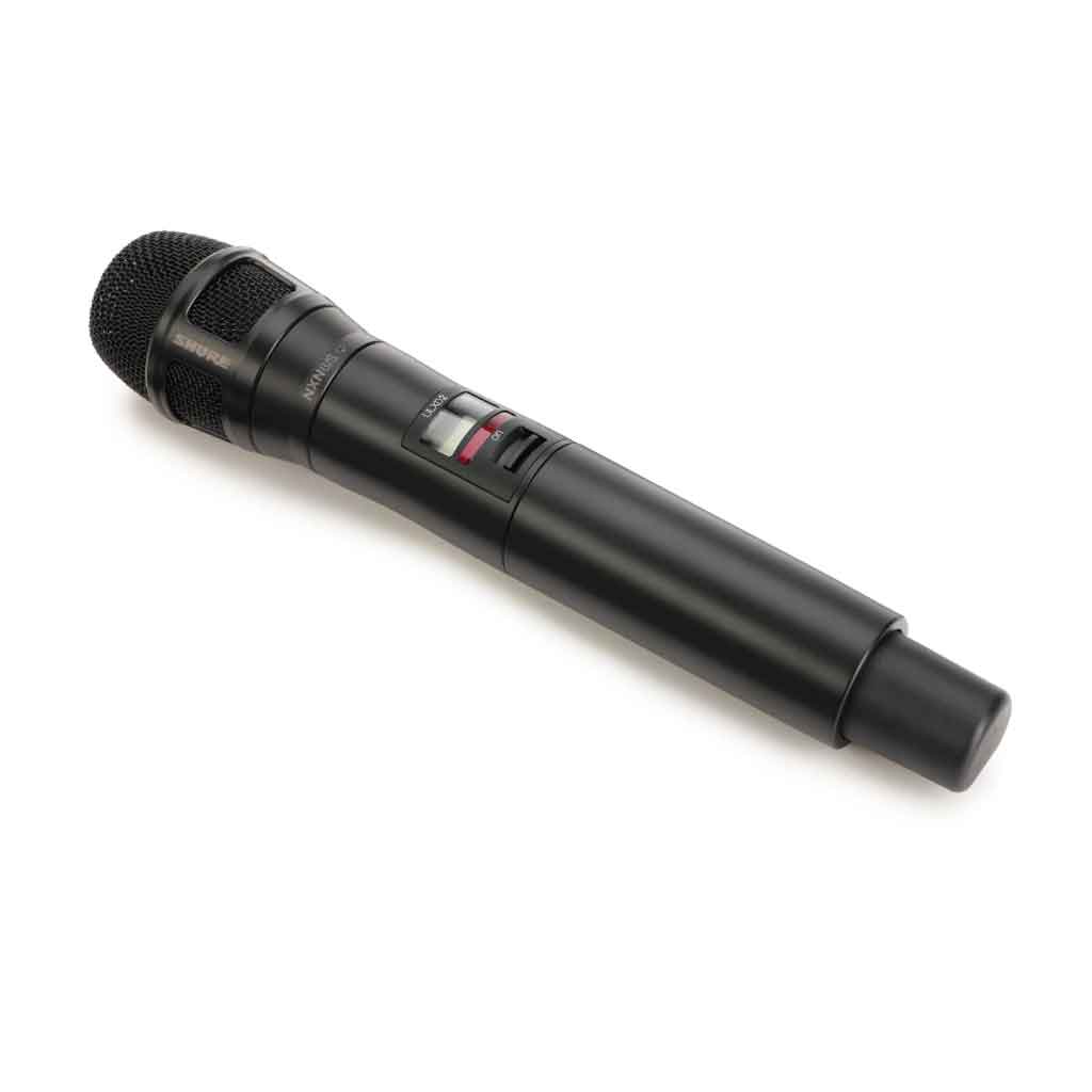 Bộ phát không dây cầm tay Shure ULXD2/N8C với thiết kế màn hình LCD có đèn nền màu xanh dương, hiển thị rõ thông tin: tần số, kênh, mức tín hiệu RF/AF, trạng thái pin.