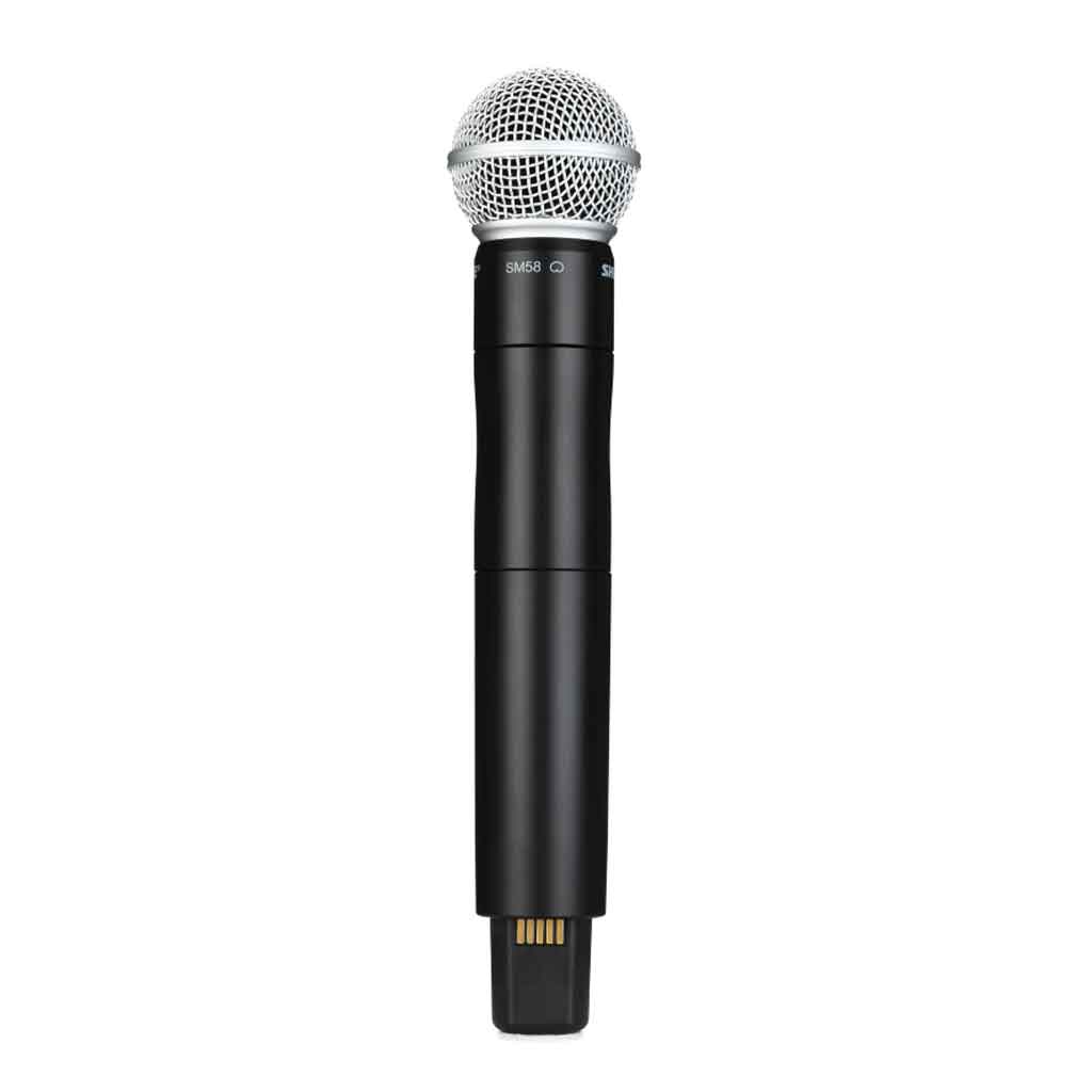 Micro không dây cầm tay Shure ULXD2/SM58 với thiết kết thiết kế thân micro bằng hợp kim nhôm màu đen, chắc chắn và cao cấp, lưới micro SM58 màu bạc đặc trưng.