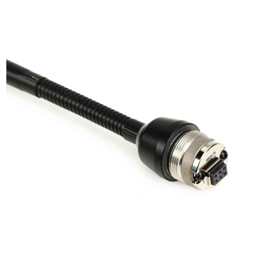 Micro Shure MX415LPDF/C hình đang được mô tả đầu kết nối có thiết kế ren xoắn chắc chắn, giúp cố định micro vào bàn hoặc bục phát biểu một cách an toàn.