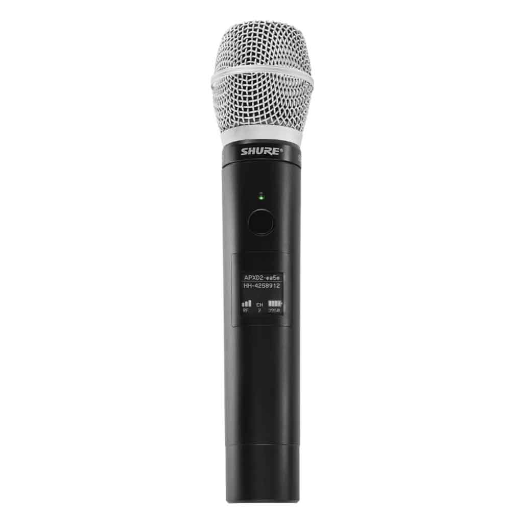 Shure MXW2X Handheld Transmitter with SM86 Capsule hình đang được miêu tả micro không dây cầm tay (Handheld Transmitter) thiết kế chắc chắn, dễ dàng cầm nắm và sử dụng.
