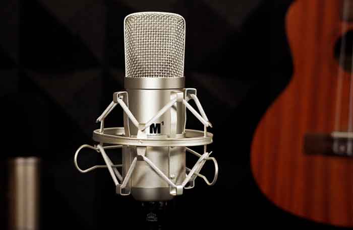 Micro Thu Âm ICON M1 hình đang được chụp miêu tả chi tieert micro đang được đặt trên bàn bên canh cây đàn 