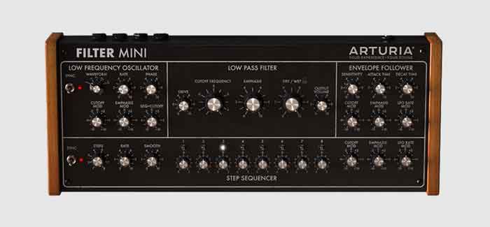 Phần mềm Plug-in Arturia Mini-Filter hình đang được chụp chính diện với nên sau sản phẩm có màu xám 