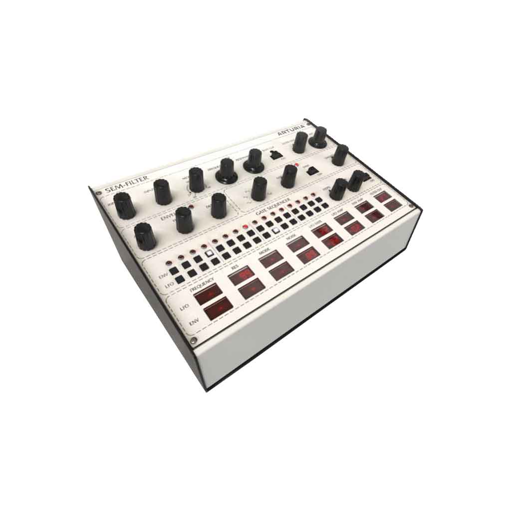 Plug-in phần mềm Arturia SEM-Filter hình đang mô tả sản phẩm chụp chi tiết có màu trắng và thêm nên trắng bên dưới 