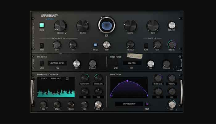 Plug-in Arturia Intensity Reverb hình đang được chụp mô tả sản phẩm từ mặt trước và có nền phía sau có tồn màu đen 