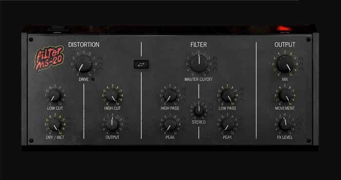 Plug-in Arturia MS-20 Filter sản phẩm đang được chụp từ phía trước chi tiết với nên phía sau đen 