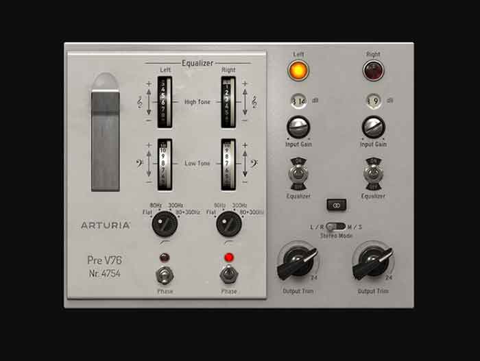 Plug-in tiền khuếch đại Arturia V76-Pre hình chụp đang mô tả chi tiết sản phẩm và có nên ở sau màu đen 