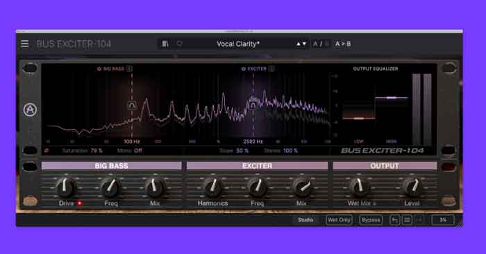 Plug-in Exciter Arturia Bus Exciter-104 hình đang miêu tả góc chính diện chi tiết sàn phẩm và có nền xanh ở phía sau