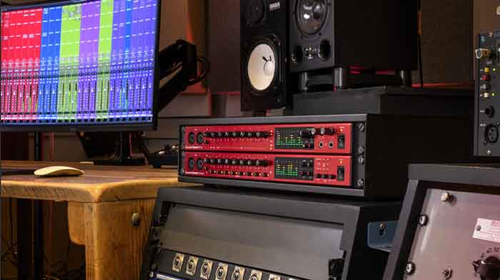 Pre-amp mic Focusrite Clarett+ OctoPre preamp đang được sét úp đặt trên bàn 