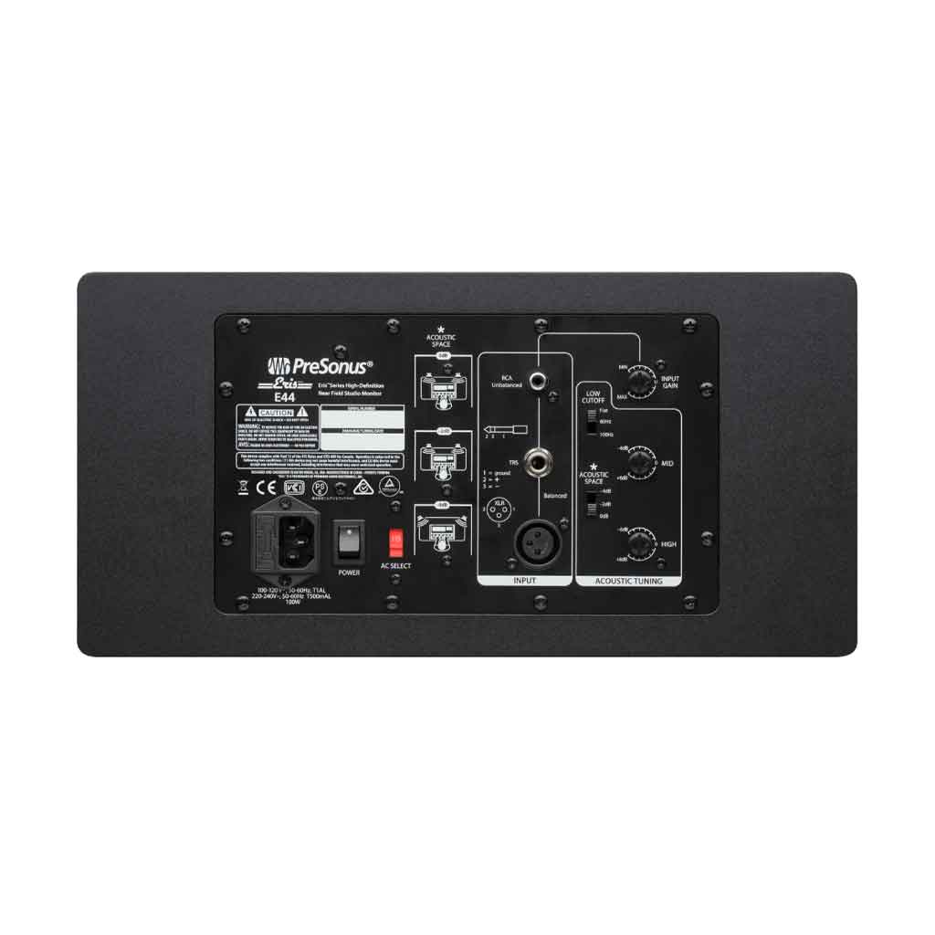 PreSonus® Eris® E44 Studio Monitor hình đang được miêu tả chụp chi tiết mặt của sản phẩm với có đầy đủ các phích đầu vào các loại và bản vẽ thông số 