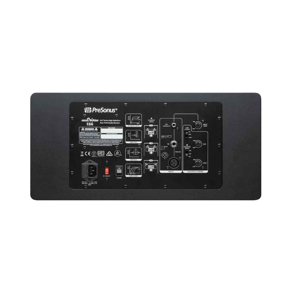 PreSonus® Eris® E66 Studio Monitor hình đang được chụp chi tiết mặt sau của sản phẩm với có 10 phích cắm đầu vào các loại và nút công tắc nguồn