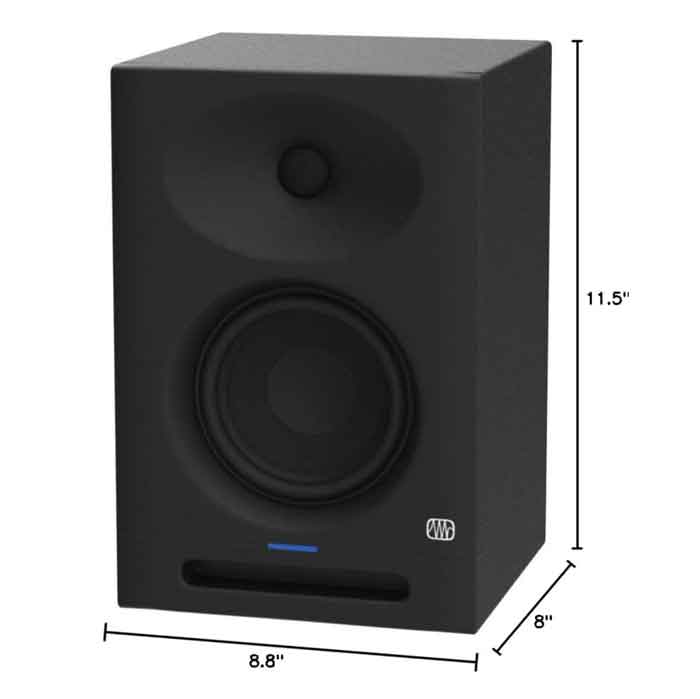 [Đánh Giá] Loa Kiểm Âm PreSonus Eris Studio 5 hình đang được chụp miêu tả chi tiết sản phẩm trong nền trắng và được vẽ thêm chi tiết kích thước của sản phẩm 