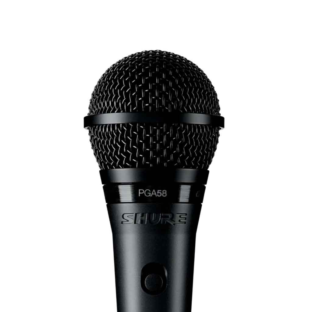 Shure PGA58 Cardioid Dynamic Vocal Microphone với được thiết kế lưới đầu micro (grill):  Hình cầu, làm từ kim loại màu đen bọc lưới thép chắc chắn.  Có một vòng nhựa đen ngang giúp tăng cường độ bền và thẩm mỹ