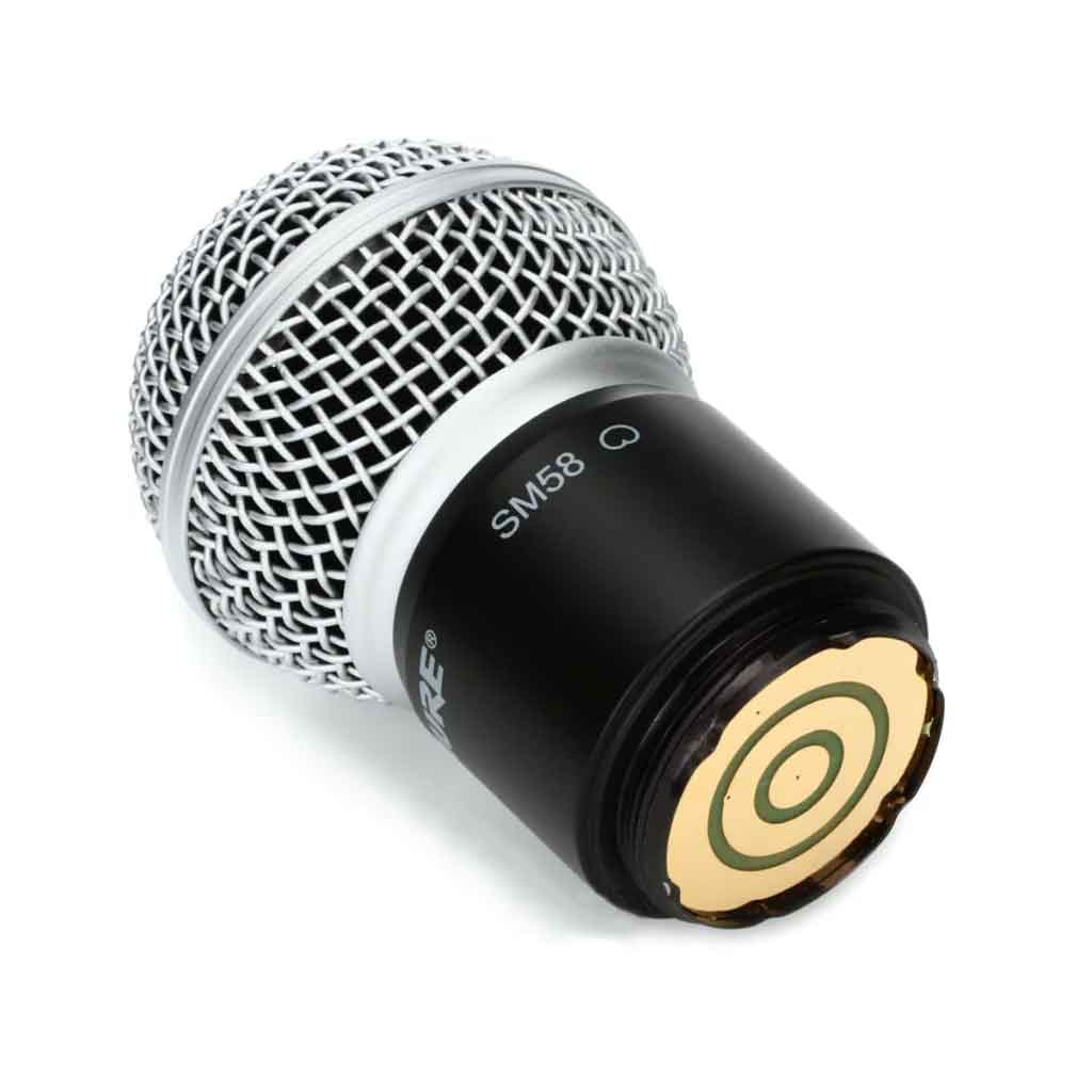 Thay thế đầy đủ đầu micro  Shure RPW112 hình đang được miêu tả thân capsule màu đen, in logo SHURE® và tên model SM58, có ren xoắn ở đáy để lắp vào thân micro không dây. 