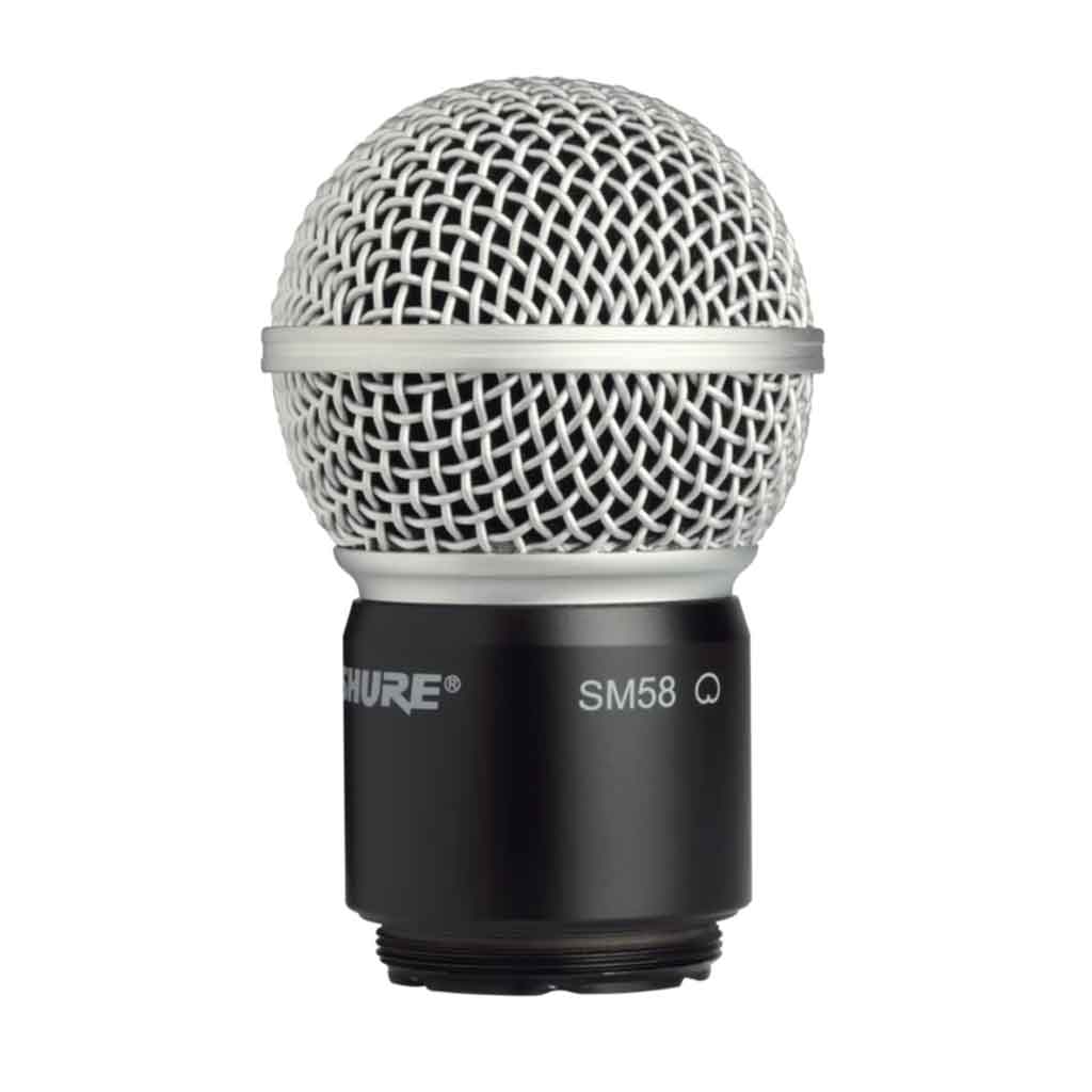 Thay thế đầy đủ đầu micro  Shure RPW112 hình đang được miêu tả lưới micro hình cầu, làm bằng kim loại bạc chắc chắn, có viền kim loại mảnh ở giữa, là kiểu đặc trưng của dòng Shure SM58