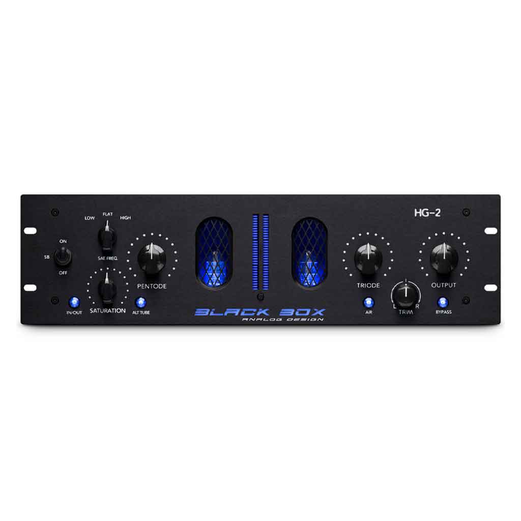 Thiết Bị Mixing - Black Box Analog Design HG-2 hình đang được miêu tả sản phẩm với chi tiết thiết kế mặt trước khung máy rackmount 2U màu đen bóng bẩy, chắc chắn, mang phong cách "boutique analog"