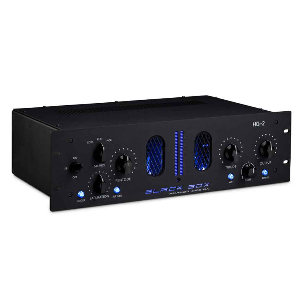 Thiết Bị Mixing - Black Box Analog Design HG-2 với có chi tiết thiết kế hai đèn tube glowing xanh đặc trưng nằm ở trung tâm, được đặt sau lớp lưới kim loại hình oval tạo điểm nhấn thẩm mỹ và công nghệ.