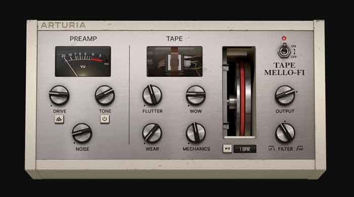 Trình giả lập Arturia Tape Mello Fi Tape hình đang được mô tả chụp chính diện của sản phẩm và có nên đen