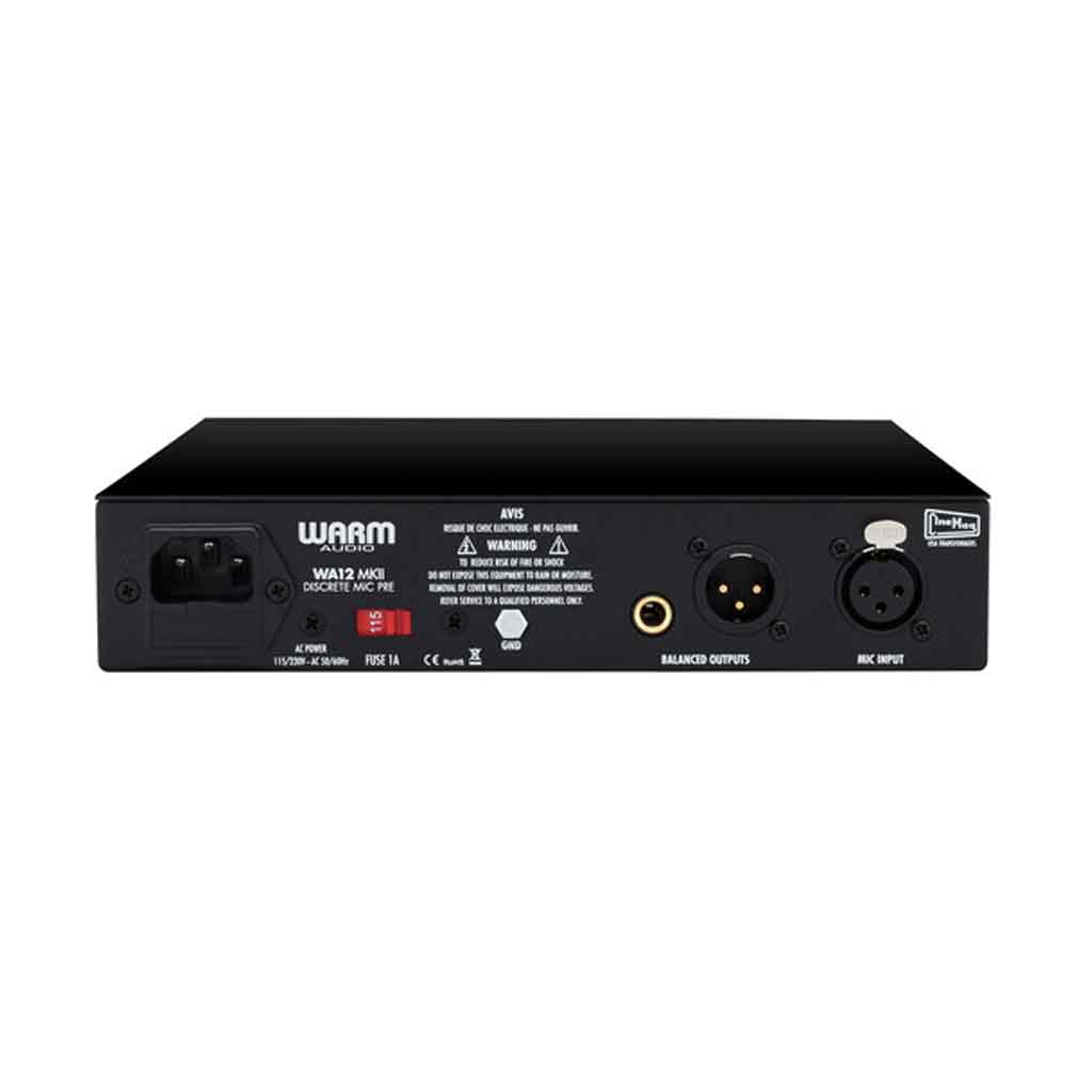 Warm Audio WA12 MKII Microphone Preamp hình đang được miêu tả chụp chi tiết mặt sau của sản phẩm với có 4 phích cắm đầu vào luôn 1 nút nguồn 