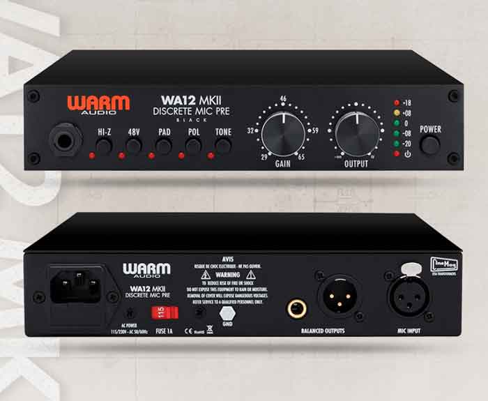 Warm Audio WA12 MKII Microphone Preamp hình đang được chụp miêu tả chi tiết mặt trước và mặt sau với có thiết kế tone màu đen quá huyền bí và đẹp mắt 