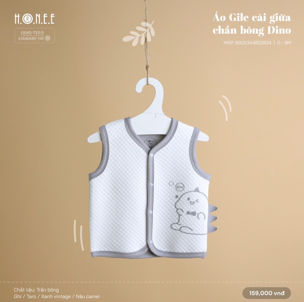 Áo gile cài giữa chần bông Dino cho bé - Hrnee