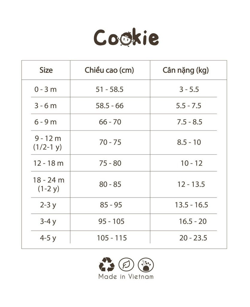 Set dài tay cài giữa kèm mũ bao tay bao chân yếm, quần cạp cao, sơ sinh 0-3m Cookie