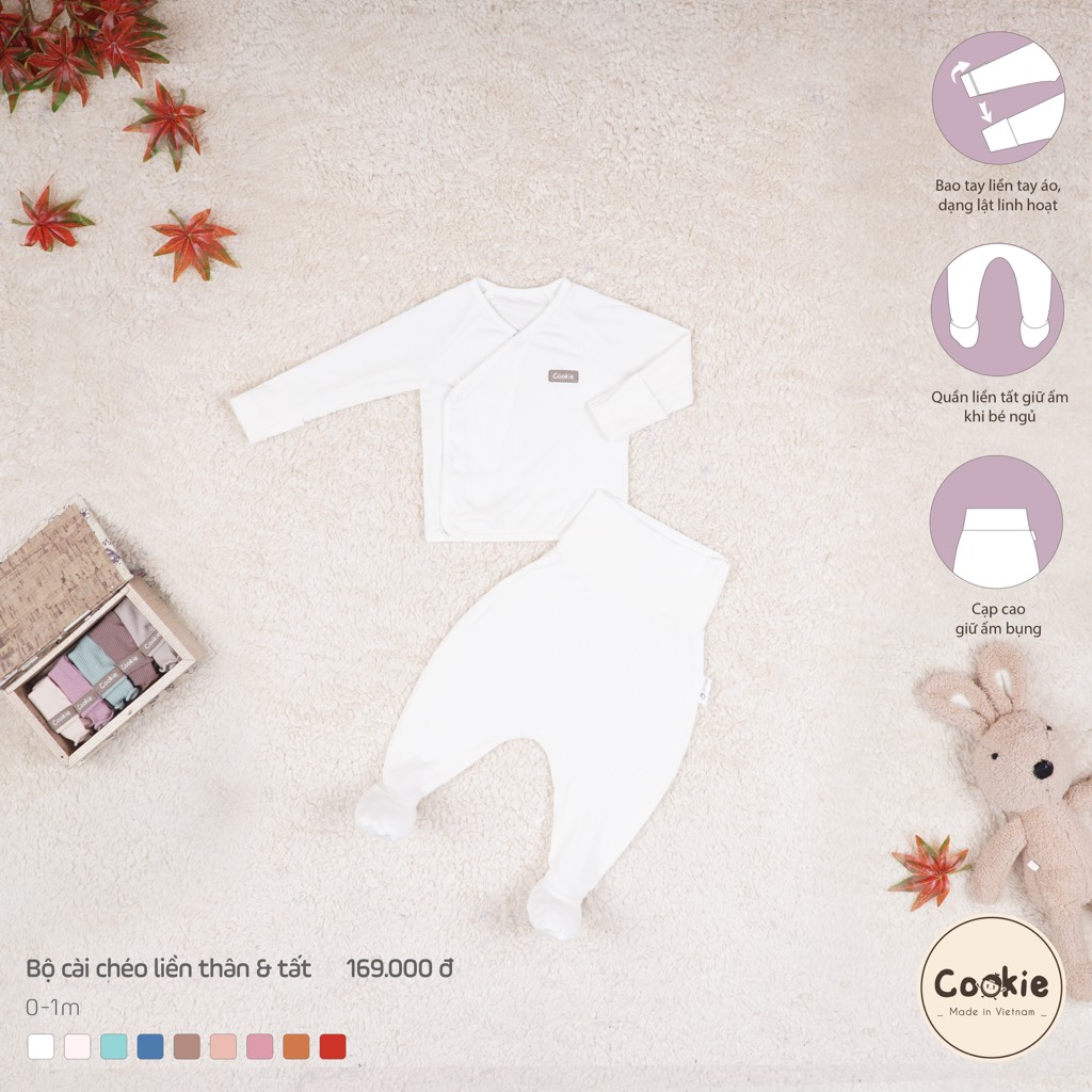 Bộ dài tay cài chéo liền tất không mũ sơ sinh 0-1m Cookie