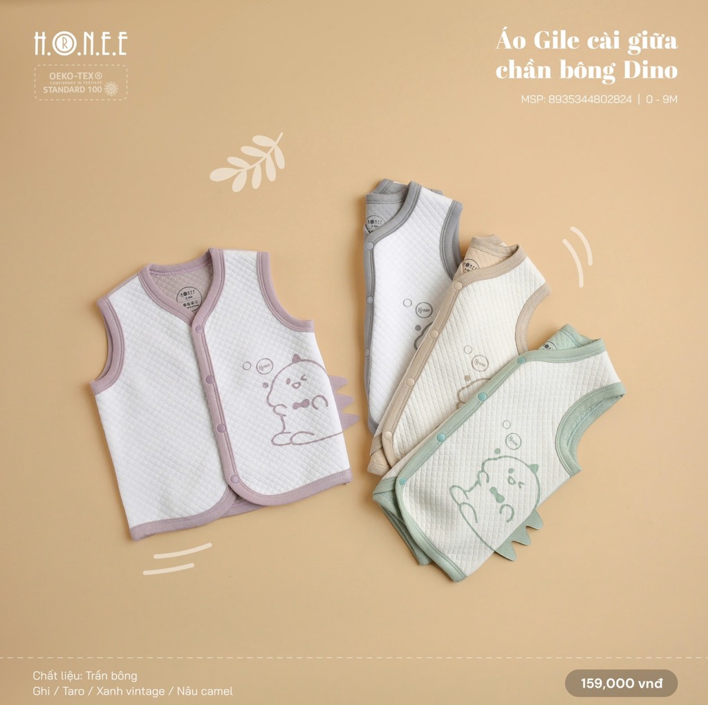 Áo gile cài giữa chần bông Dino cho bé - Hrnee