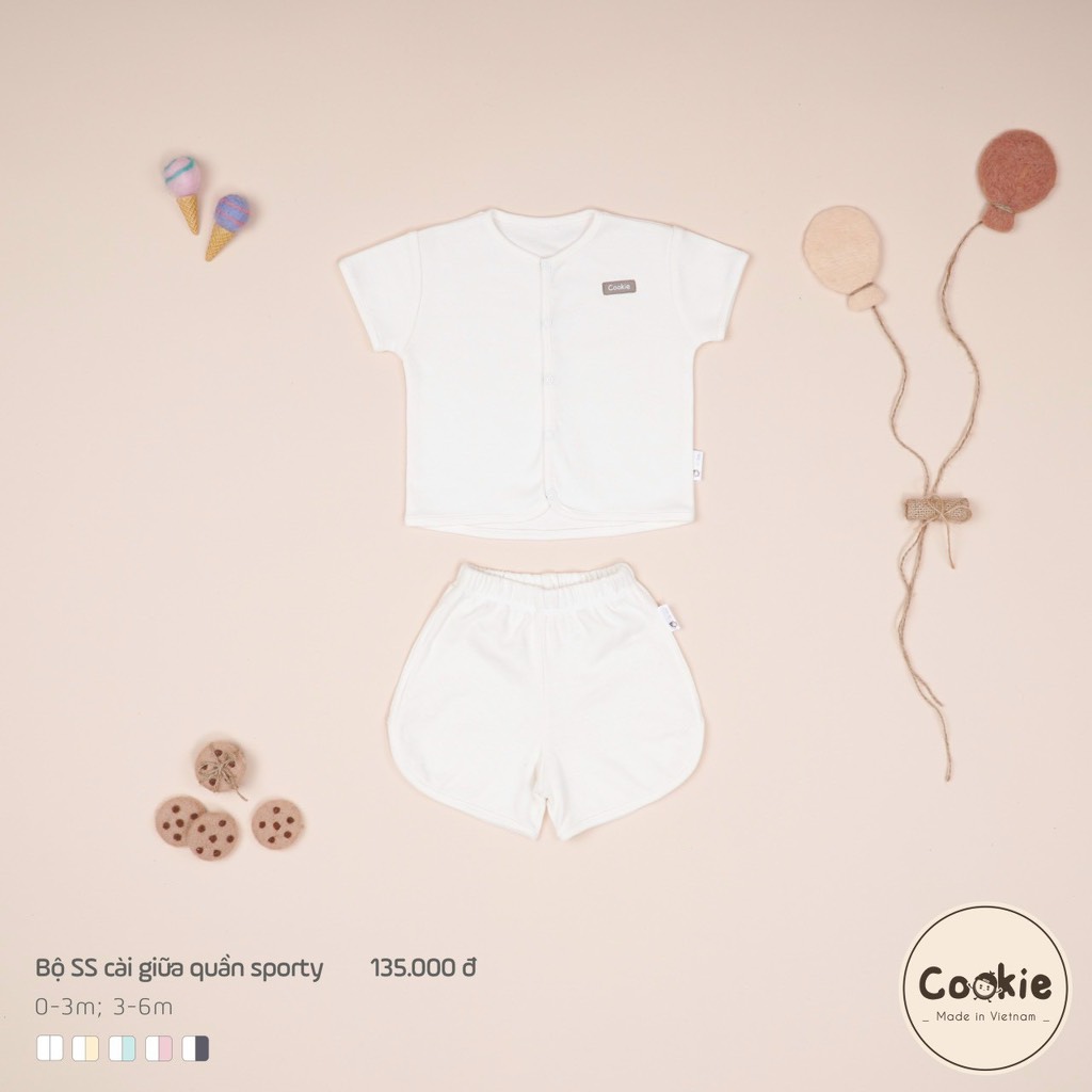 Bộ cộc tay cài giữa quần sporty trắng Cookie