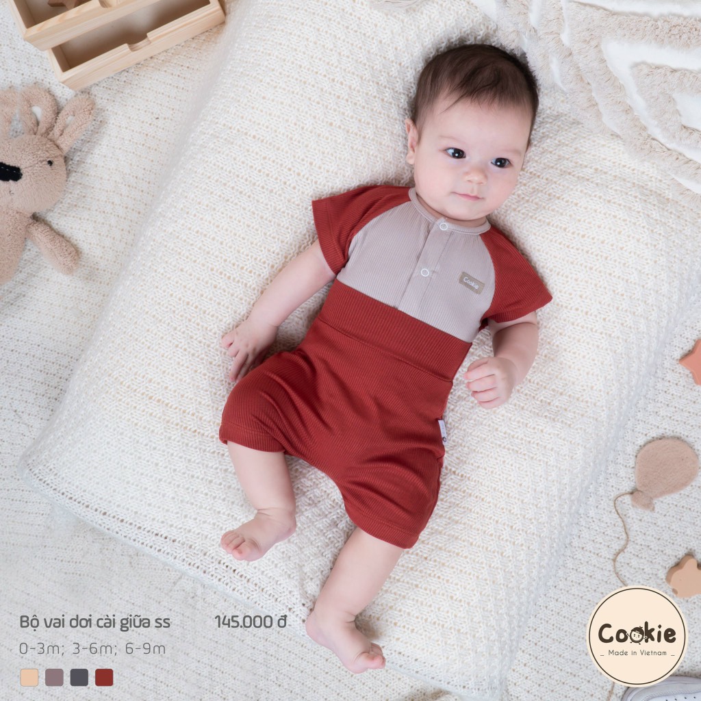 (0M-9M) Bộ cộc tay vai dời cài giữa cotton tăm lạnh Cookie
