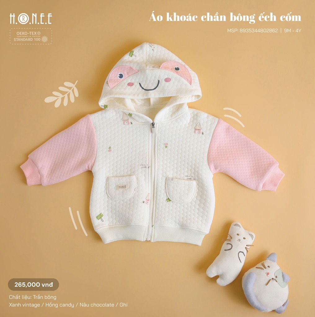 Áo khoác chần bông mũ tai gấu - Hình ếch cốm cho bé - Hrnee