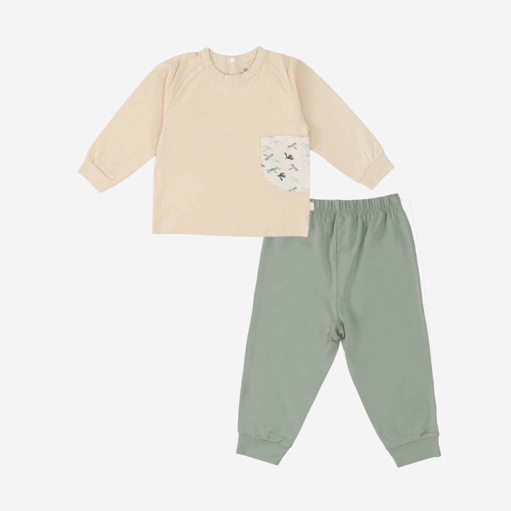 (6M-5Y) Bộ dài tay raglan cài cúc sau túi ngực Dona - Vải sợi tre cotton Bu Baby