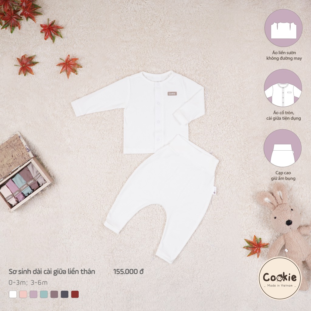 Bộ dài tay cài giữa quần cạp cao sơ sinh 0-3m Cookie